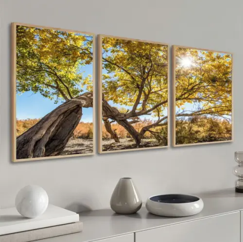 Kit 3 Quadros Decorativos Arvore Amarela Paisagem Moldura