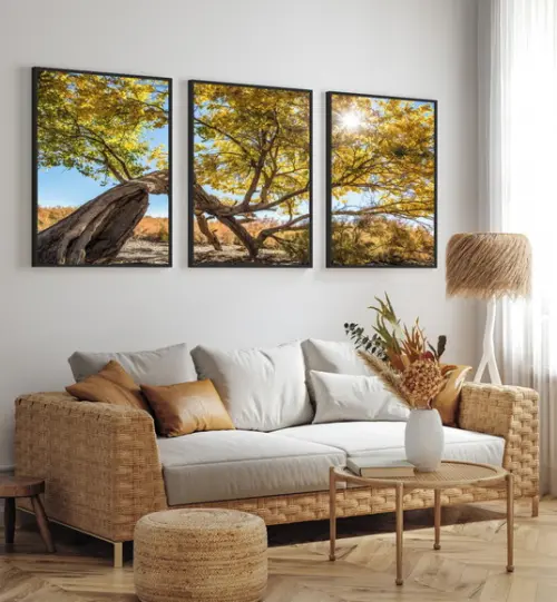 Kit 3 Quadros Decorativos Arvore Amarela Paisagem Moldura
