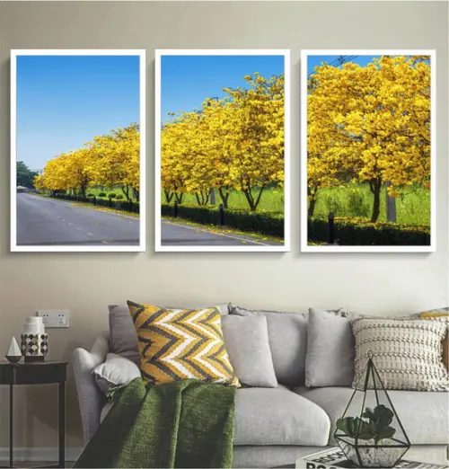 Kit 3 Quadros Decorativos Arvore Amarela Paisagem Moldura