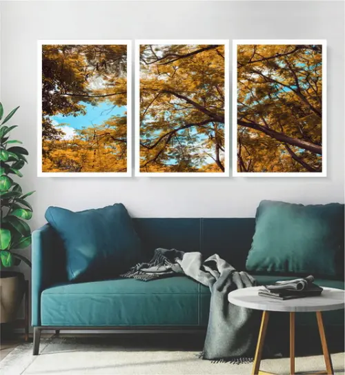 Kit 3 Quadros Decorativos Arvore Amarela Paisagem Moldura