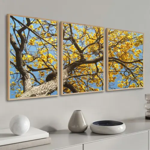 Kit 3 Quadros Decorativos Arvore Amarela Para Sala Moldura