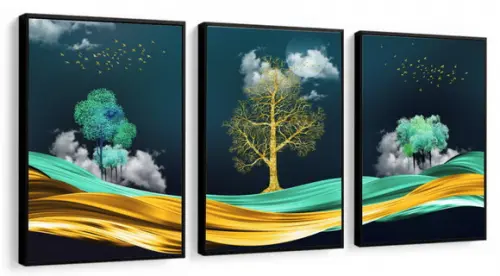 Kit 3 Quadros Decorativos Arvore Dourada Paisagem Moldura