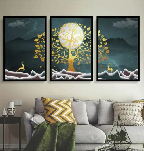 Kit 3 Quadros Decorativos Arvore Dourada Moderno Com Moldura