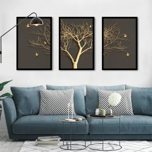 Kit 3 Quadros Decorativos Arvore Dourada Para Sala Molduras