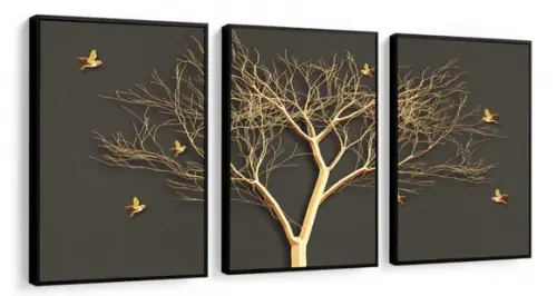 Kit 3 Quadros Decorativos Arvore Dourada Para Sala Molduras