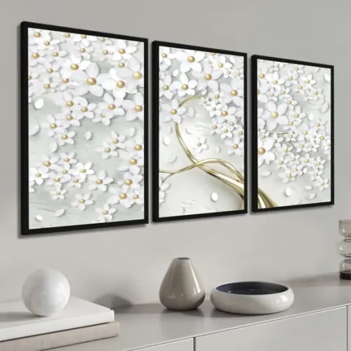 Kit 3 Quadros Decorativos Arvore Flores De Cerejeira Moldura