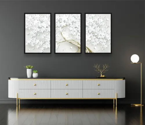Kit 3 Quadros Decorativos Arvore Flores Dourada Sala Moldura