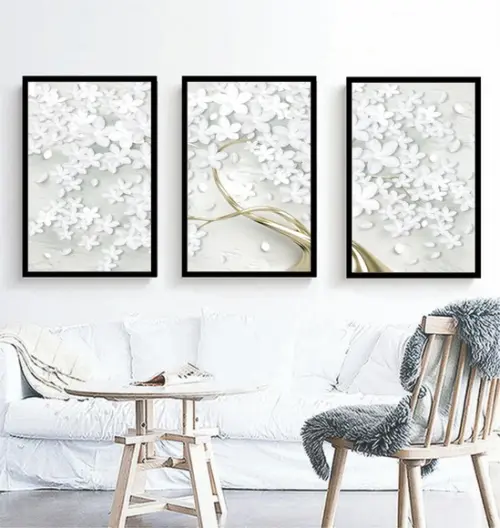 Kit 3 Quadros Decorativos Arvore Flores Dourada Sala Moldura