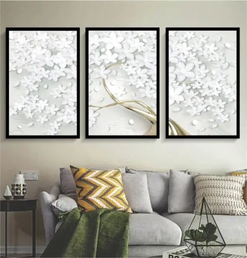 Kit 3 Quadros Decorativos Arvore Flores Dourada Sala Moldura