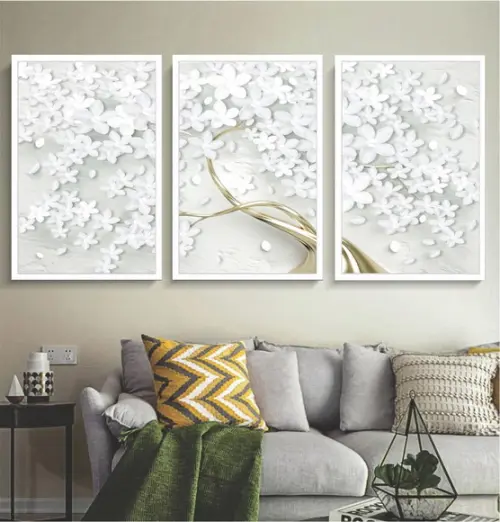 Kit 3 Quadros Decorativos Arvore Flores Douradas Com Moldura