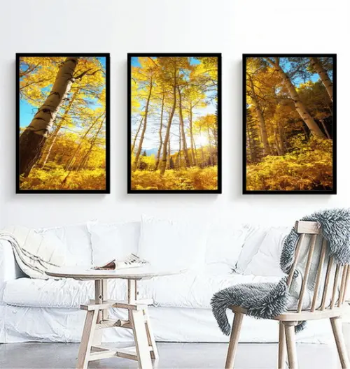 Kit 3 Quadros Decorativos Arvore Floresta Amarela Moldura