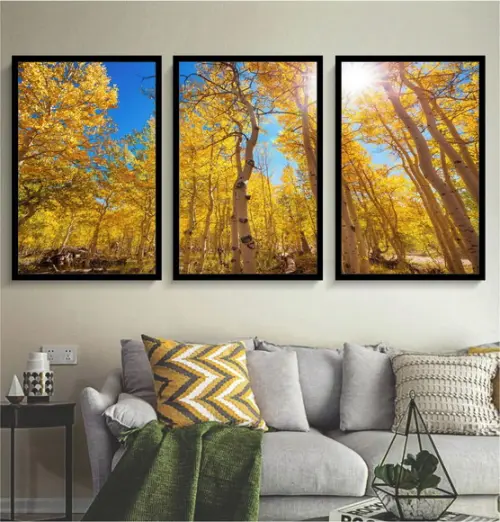 Kit 3 Quadros Decorativos Arvore Floresta Amarela Moldura
