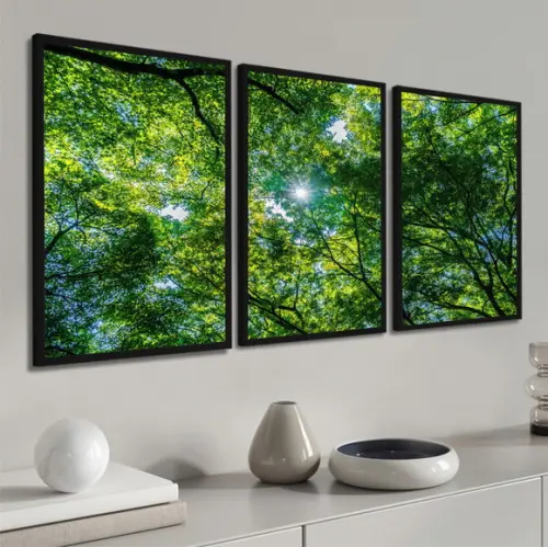 Kit 3 Quadros Decorativos Arvore Floresta Verde Com Moldura