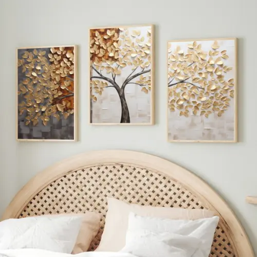Kit 3 Quadros Decorativos Arvore Folhagem Abstrato Moldura