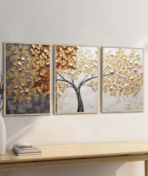 Kit 3 Quadros Decorativos Arvore Folhagem Abstrato Moldura