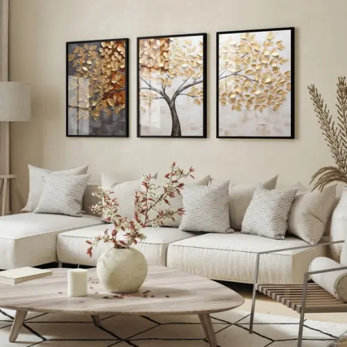 Kit 3 Quadros Decorativos Arvore Folhagem Abstrato com Vidro