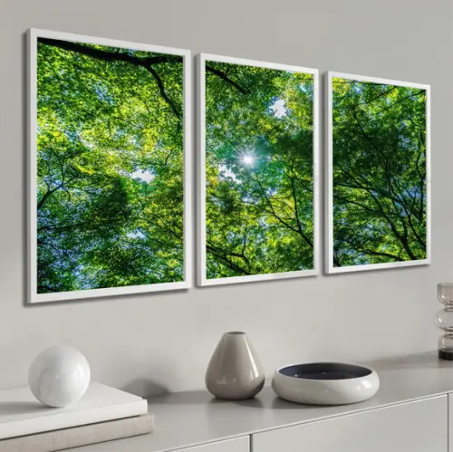 Kit 3 Quadros Decorativos Arvore Folhagem Verde Com Moldura