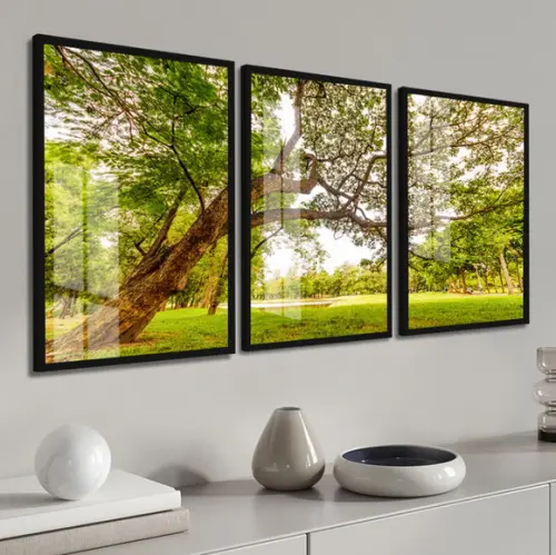 Kit 3 Quadros Decorativos Arvore Folhas Verdes Moldura Vidro