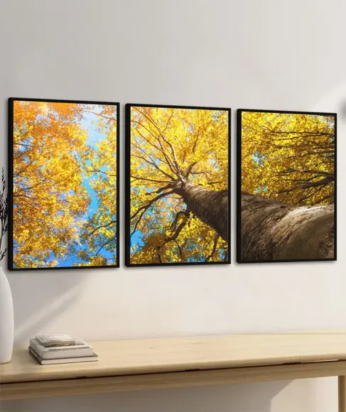 Kit 3 Quadros Decorativos Arvore Ipê Amarelo Moderno Moldura