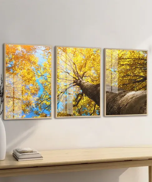 Kit 3 Quadros Decorativos Arvore Ipê Amarelo Moldura e Vidro