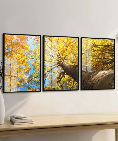 Kit 3 Quadros Decorativos Arvore Ipê Amarelo Moldura e Vidro
