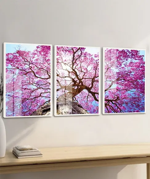 Kit 3 Quadros Decorativos Arvore Ipê Rosa com Moldura Vidro