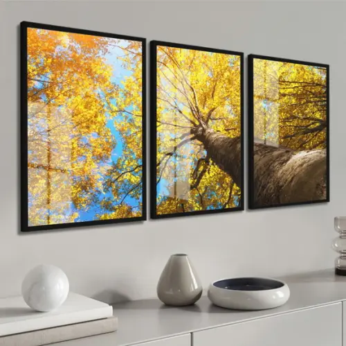 Kit 3 Quadros Decorativos Arvore Ipê Amarelo Moldura e Vidro