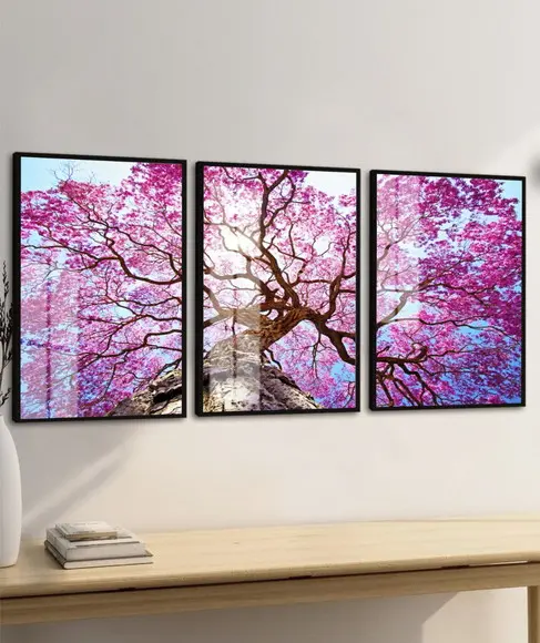Kit 3 Quadros Decorativos Arvore Ipê Rosa com Moldura Vidro