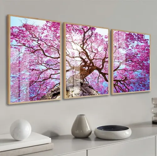 Kit 3 Quadros Decorativos Arvore Ipê Rosa Moldura e Vidro