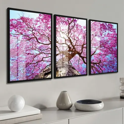 Kit 3 Quadros Decorativos Arvore Ipê Rosa com Moldura Vidro