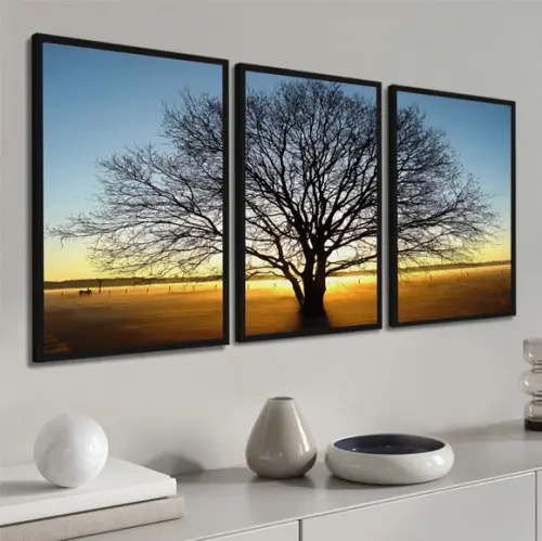 Kit 3 Quadros Decorativos Arvore Paisagem Galhos com Moldura