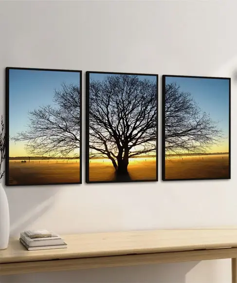 Kit 3 Quadros Decorativos Arvore Paisagem Galhos com Moldura