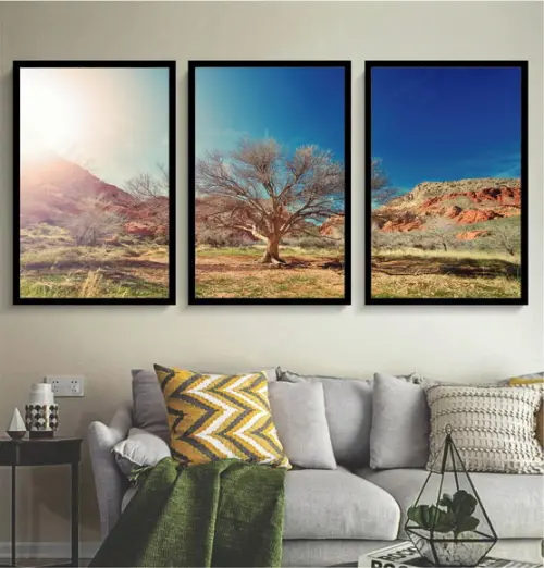 Kit 3 Quadros Decorativos Arvore Paisagem Para Sala Moldura