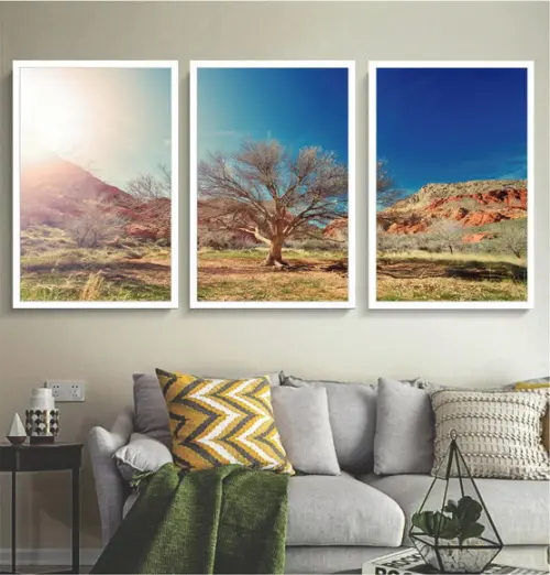 Kit 3 Quadros Decorativos Arvore Paisagem Sala Hall Moldura