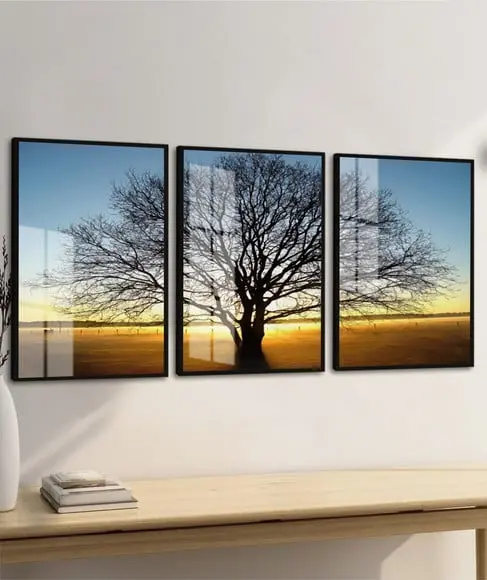 Kit 3 Quadros Decorativos Arvore Pôr do Sol Moldura e Vidro