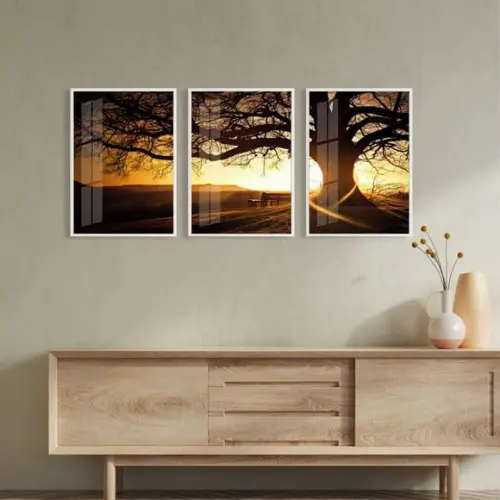 Kit 3 Quadros Decorativos Arvore Pôr Do Sol Moldura e Vidro