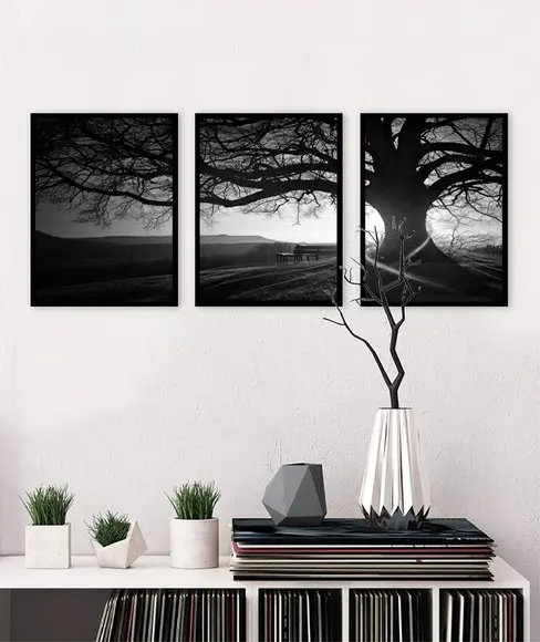 Kit 3 Quadros Decorativos Arvore Preto e Branco Com Moldura