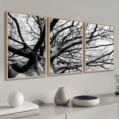 Kit 3 Quadros Decorativos Arvore Preto E Branco Com Moldura