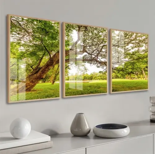 Kit 3 Quadros Decorativos Arvore Verde Com Moldura E Vidro