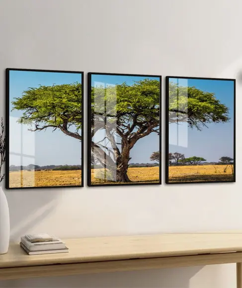 Kit 3 Quadros Decorativos Arvore Verde Galhos Paisagem Vidro
