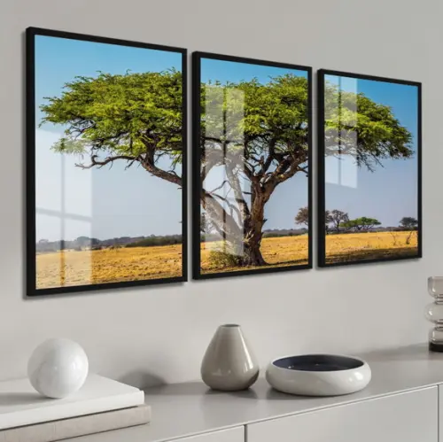 Kit 3 Quadros Decorativos Arvore Verde Galhos Paisagem Vidro