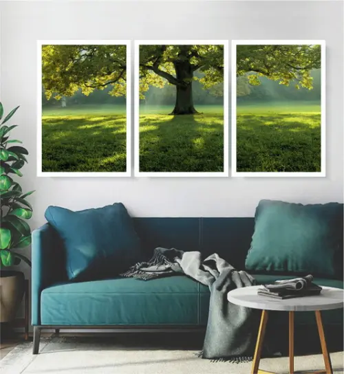 Kit 3 Quadros Decorativos Arvore Verde Paisagem Com Moldura