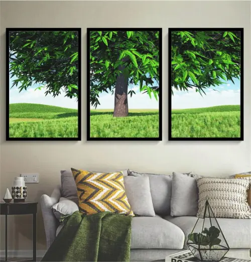 Kit 3 Quadros Decorativos Arvore Verde Paisagem Com Moldura