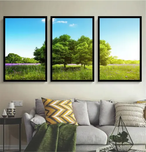 Kit 3 Quadros Decorativos Arvore Verde Paisagem Com Moldura