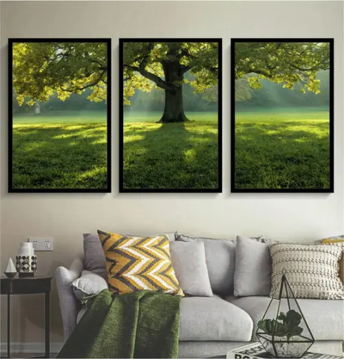 Kit 3 Quadros Decorativos Arvore Verde Paisagem Com Moldura