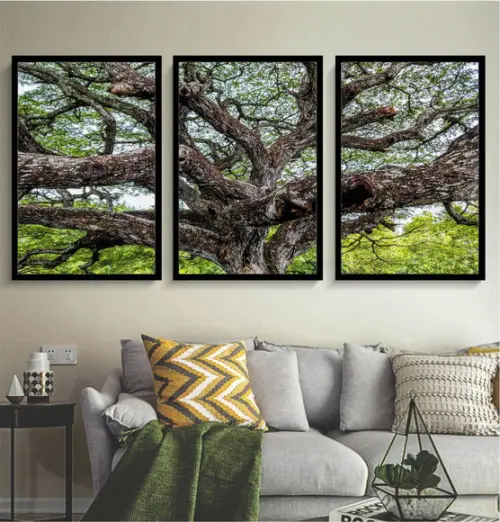 Kit 3 Quadros Decorativos Arvore Verde Para Sala Com Moldura