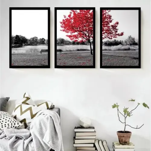 Kit 3 Quadros Decorativos Arvore Vermelha Paisagem Molduras