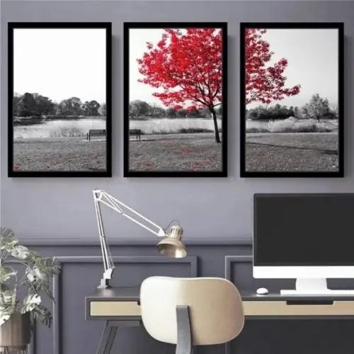Kit 3 Quadros Decorativos Arvore Vermelha Paisagem Molduras