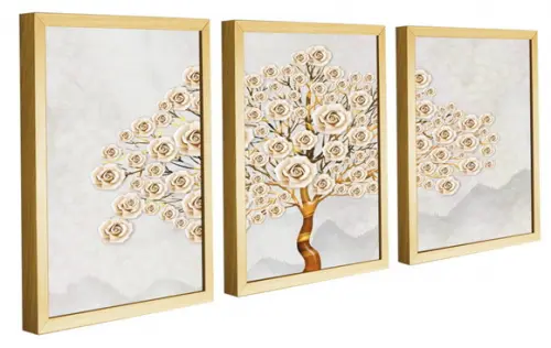 Kit 3 Quadros Decorativos Arvores Flores Brancas Com Moldura
