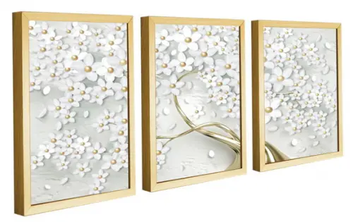 Kit 3 Quadros Decorativos Arvores Flor Dourada Com Molduras